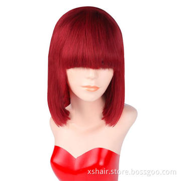 10A Human Hair Wig With Bangs Straight Short Bob Wig With Bang  Machine Made Colored Human Hair Wigs